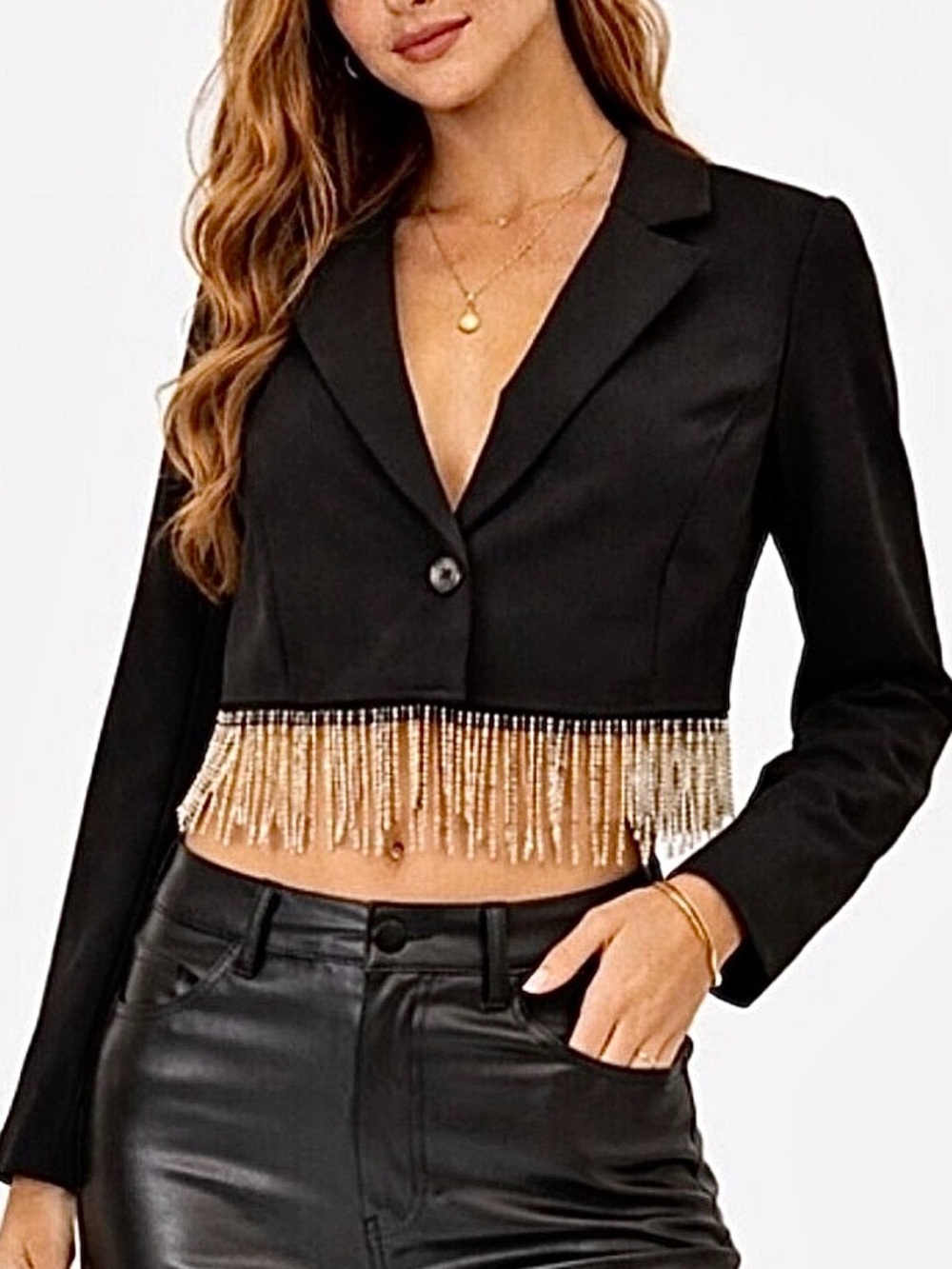 ANTHRO Sincerely Jules Black Cropped Blazer with Rhinestone Fringe Trim Sz M